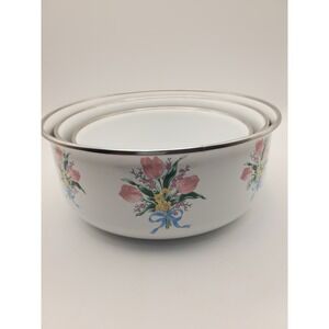 Vintage 1970s Floral Tulip Enamelware Nesting Bowls - Set of 3